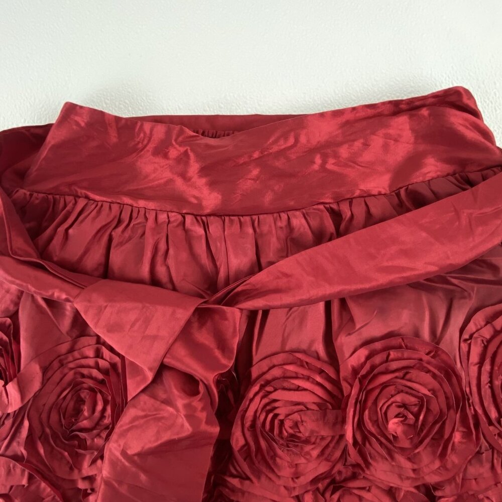 Red Satin Feminine Festive Preppy Fairy Tulle Lined Floral Applique Mini Skirt M - Picture 9 of 14